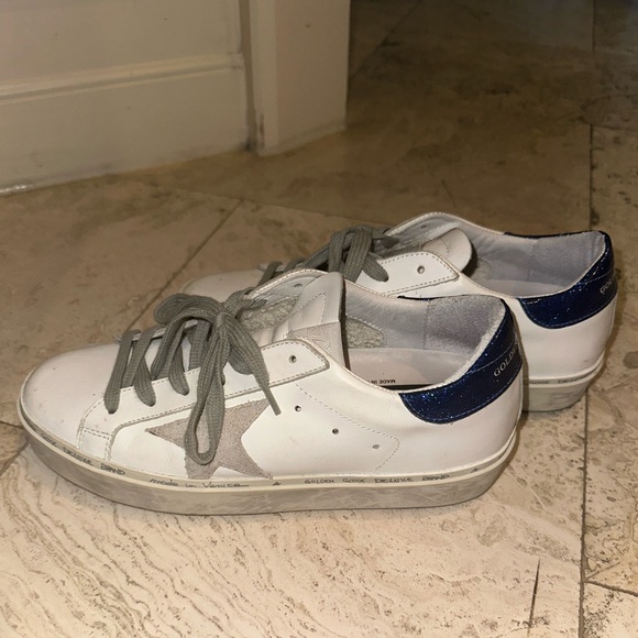 GOLDEN GOOSE SSENSE EXCLUSIVE WHITE BLUE GLITTER TAB HIGH STAR SNEAKERS - Picture 4 of 5